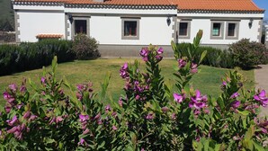 Un edificio a due piani con tetto in tegole rosse, pareti bianche e un piccolo giardino in primo piano con fiori viola.