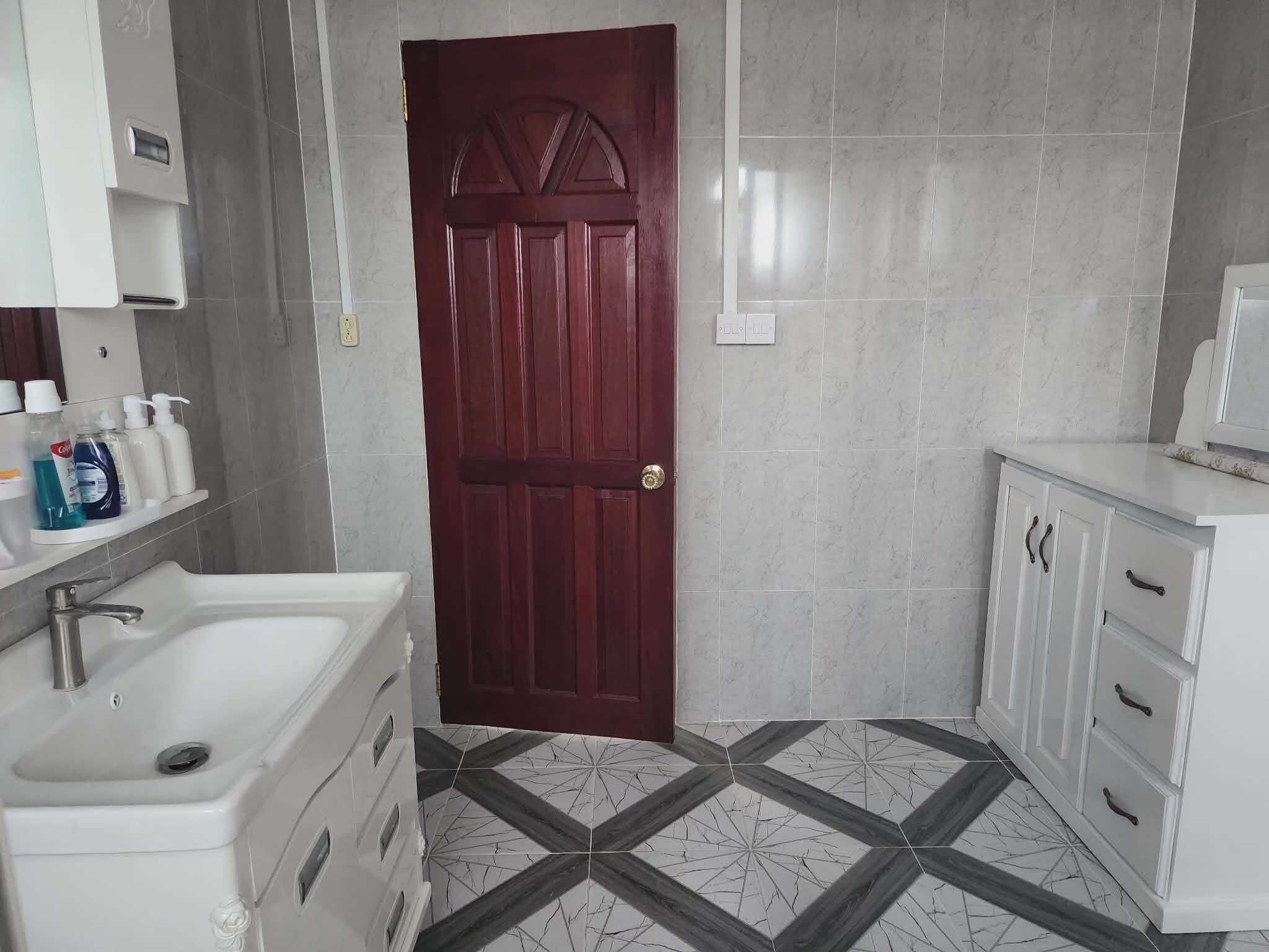 Hair dryer, towels, soap, toilet paper