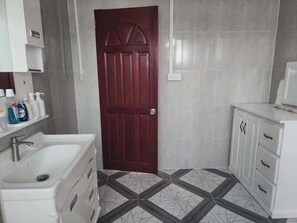 Hair dryer, towels, soap, toilet paper