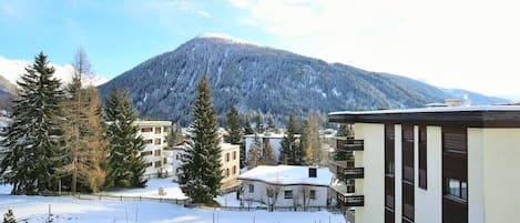 A snow-covered landscape with buildings, trees, and a mountain in the background.