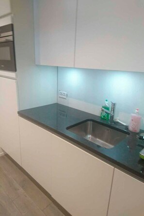 A kitchen with a stainless steel sink, a faucet, and a soap dispenser. - Appartmenthaus Lenza 504 Appartement/Fewo, Dusche oder Bad, WC 1½-Zimmerwohnung by Interhome (Davos)