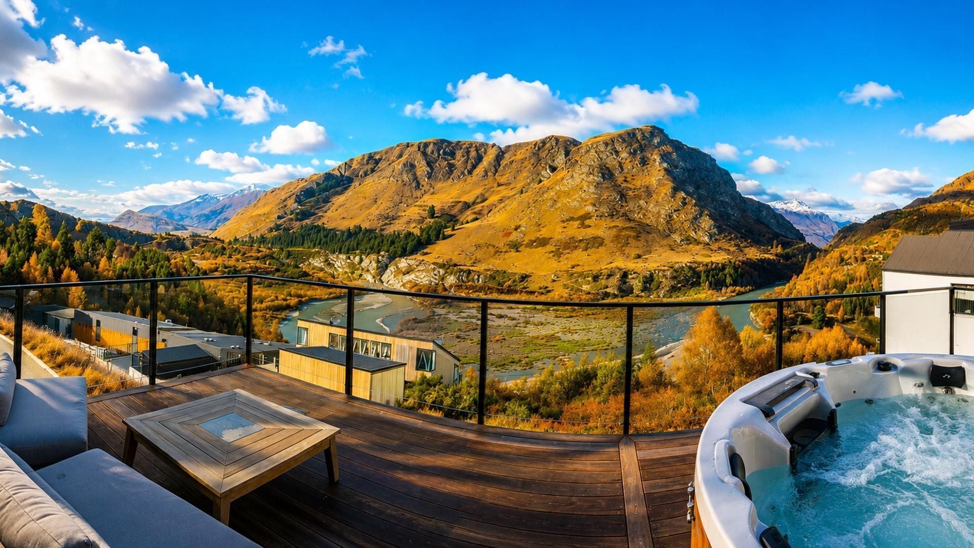 Eine Terrasse mit Whirlpool, mit Blick auf eine gebirgige Landschaft, in der ein Fluss und Gebäude zu sehen sind.