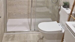 Ett badrum med en dusch som är avskärmad med glasväggar, en toalett och en liten växt på handfatet.