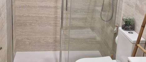 Douche, serviettes fournies, papier toilette