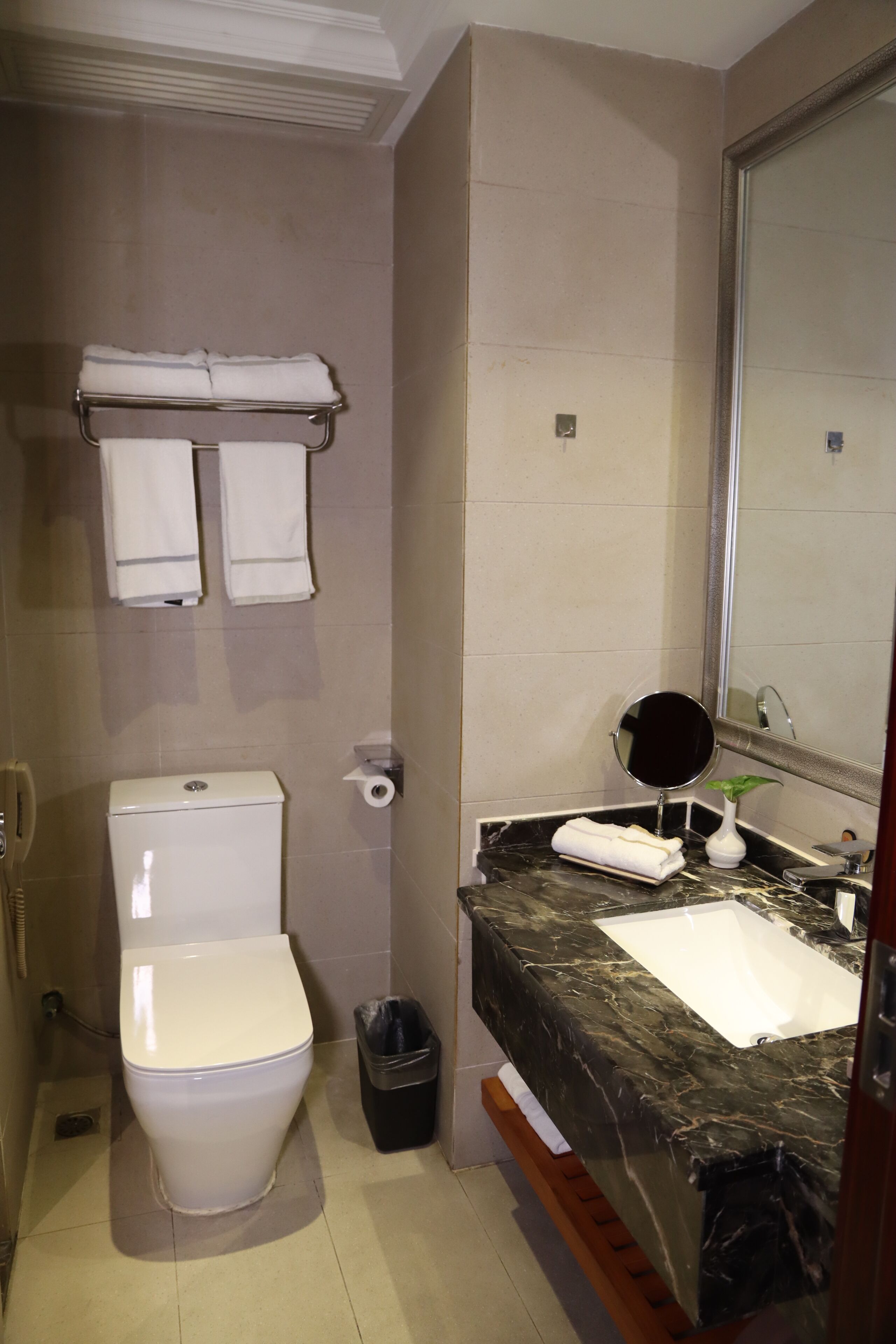 Un baño con inodoro, lavamanos, espejo y toallero.