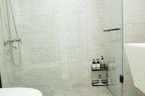 Dusche, Haartrockner, Handtücher, Shampoo