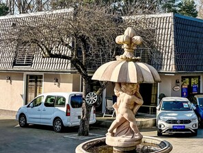 Eine Statue in einem Brunnen, geparkte Autos und ein Gebäude mit einem Ziegeldach.