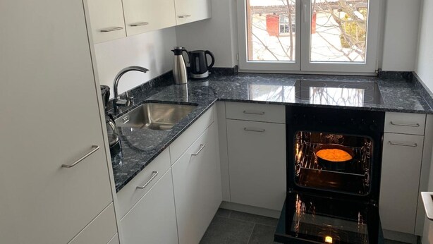 Et kompakt køkken med indbygget ovn, et vindue med udsigt til det fri, og en stålvask.