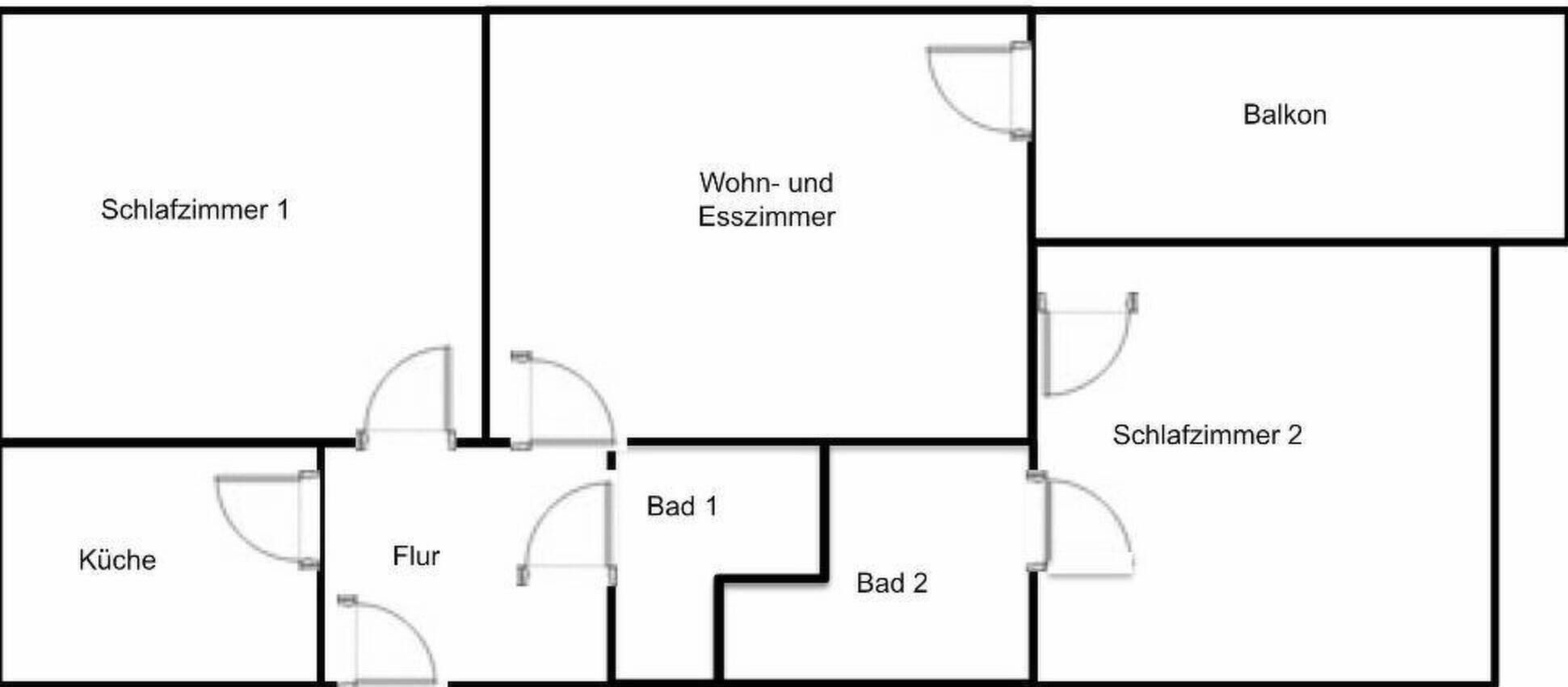 Un plan d’étage comprenant deux chambres, une salle de bain, une cuisine, un salon et un balcon.