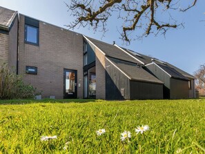 A modern building with a sloped roof, a brick facade, and a grassy lawn with daisies. - Zeenatuur by Interhome (Burgh-Haamstede)