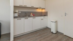 Eine moderne Küche mit weißen Schränken, einer Edelstahl-Spüle und einem Mülleimer.