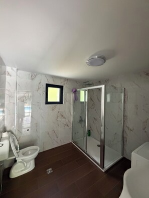Hair dryer, towels, soap, toilet paper
