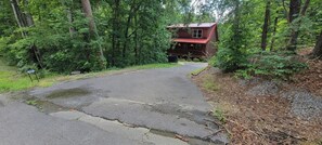 A cabin with a red roof, surrounded by dense forest. - Bear Hug Hideaway: Secluded 2 King Cabin, Epic Arcade +Hot Tub, 4 min to Parkway (Sevierville)