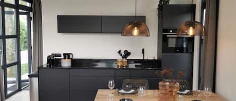 Fridge, dishwasher, cookware/dishes/utensils