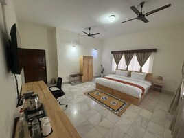 A hotel room with a bed, desk, chairs, ceiling fans, and a TV.