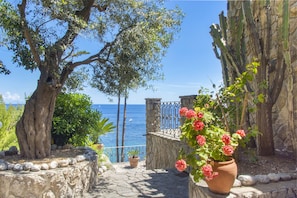 Un camí de pedra que condueix a una vista del mar, envoltat d'arbres i plantes en testos.