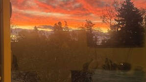 En vy genom ett fönster med en solnedgång, träd och ett staket.