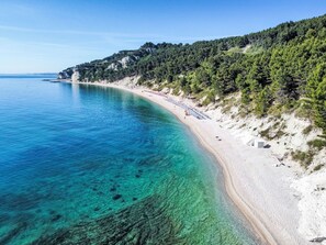 Una platja costanera amb aigua cristal·lina, sorra daurada i un turó cobert de bosc.
