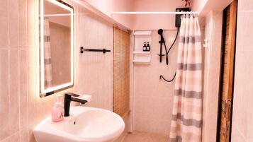 Shower, hair dryer, towels, soap