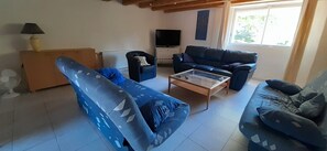 Ein Wohnzimmer mit einer Couch, einem Couchtisch, einem Fernseher und einem Fenster.