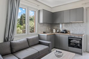 A modern kitchen with grey cabinets, a built-in oven, and a window with a view of greenery. - Robin's | White apartment (Lefkada)