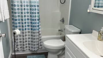 Hair dryer, towels, toilet paper