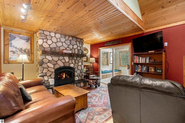 Smart TV, chimenea, reproductor de DVD y libros