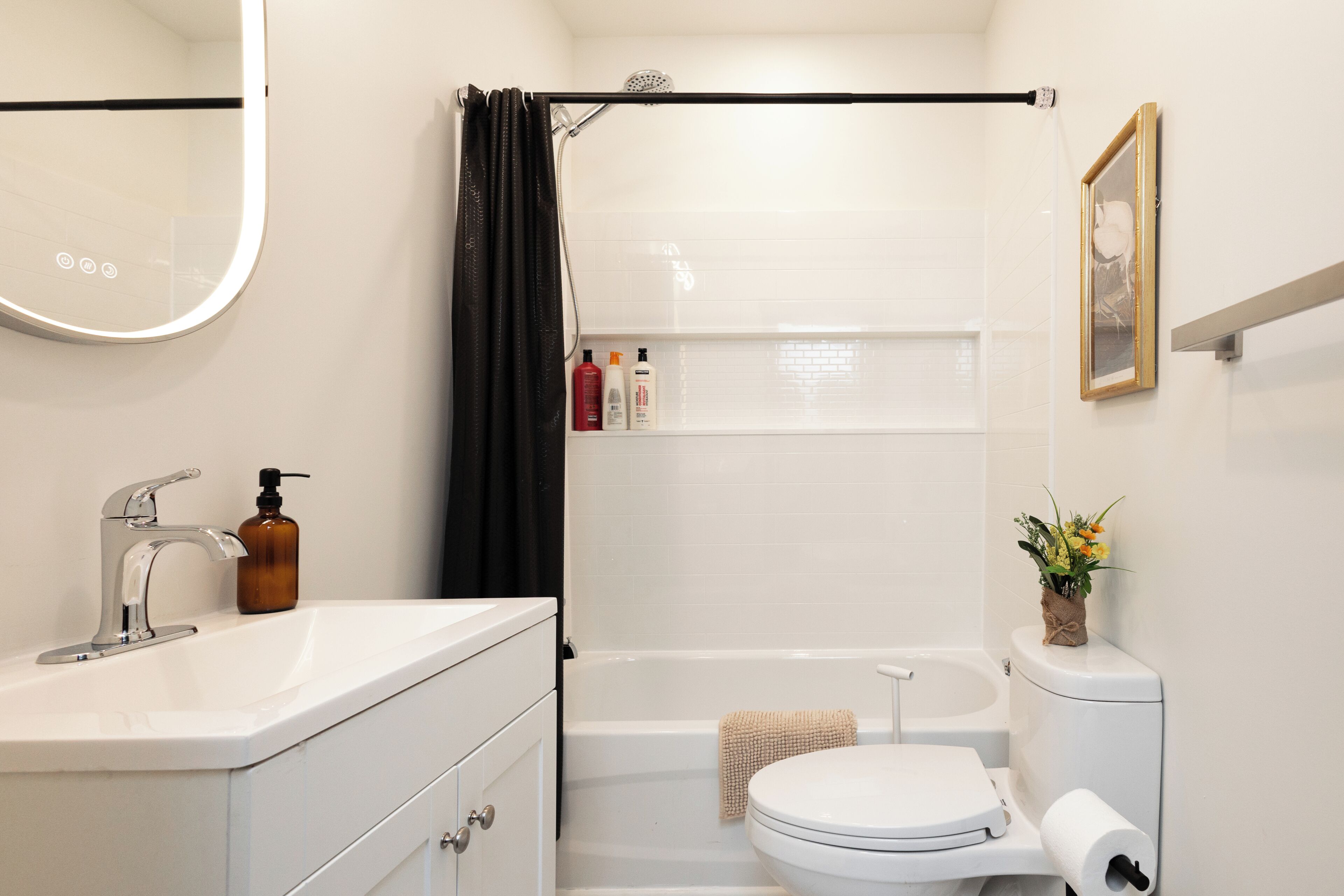 Hair dryer, towels, soap, toilet paper