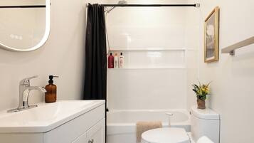Hair dryer, towels, soap, toilet paper
