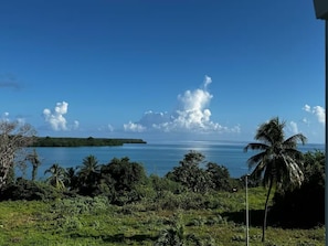 A tropical landscape with a clear view of the ocean, lush greenery, and a distant island. - Excellent luxury apartment with sea view (Baie-Mahault)