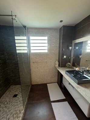Shower, hair dryer, towels, soap - Excellent luxury apartment with sea view (Baie-Mahault)