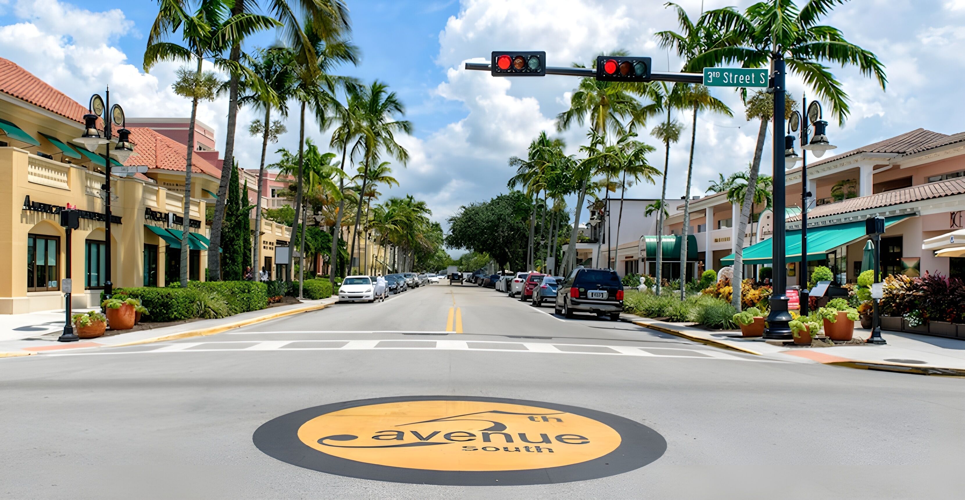A street with palm trees, a traffic light, and a building with a sign reading '3rd Street S.'