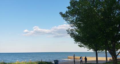 Chicago Lakefront Vacation Rental · Fire Pit Patio · Beach Across the Street