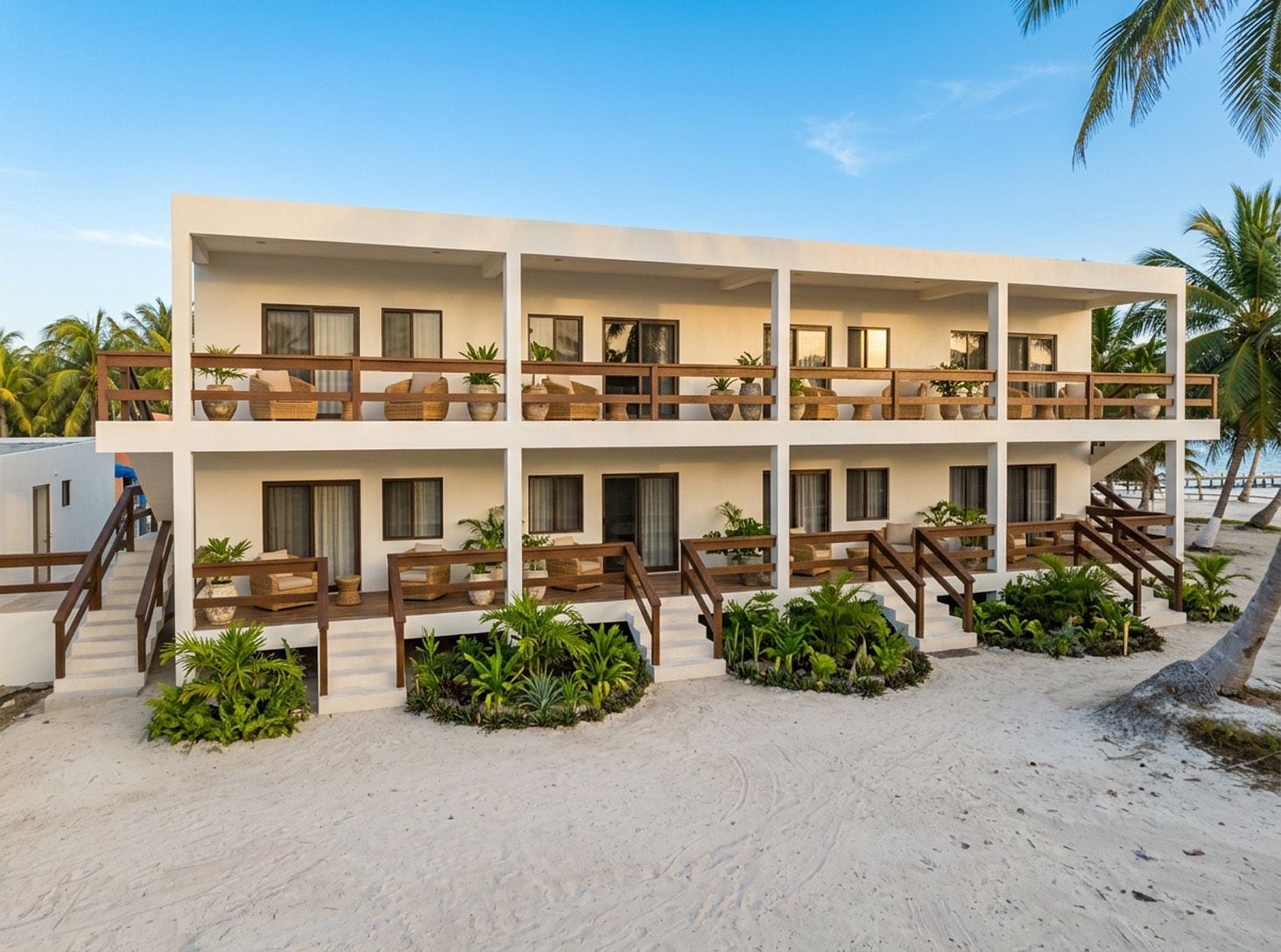 Ein mehrstöckiges Hotel mit Balkonen, einem Sandstrand davor und Palmen.