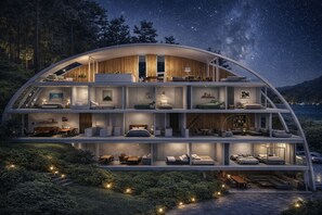 A modern, multi-level house with a curved roof, multiple bedrooms, a dining area, and a view of the night sky. - Signature Lake View Luxury Residences A01 (San Carlos de Bariloche)