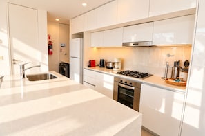 A modern kitchen with a stainless steel sink, a gas stove, a built-in oven, and a coffee maker. - Signature Lake View Luxury Residences A01 (San Carlos de Bariloche)