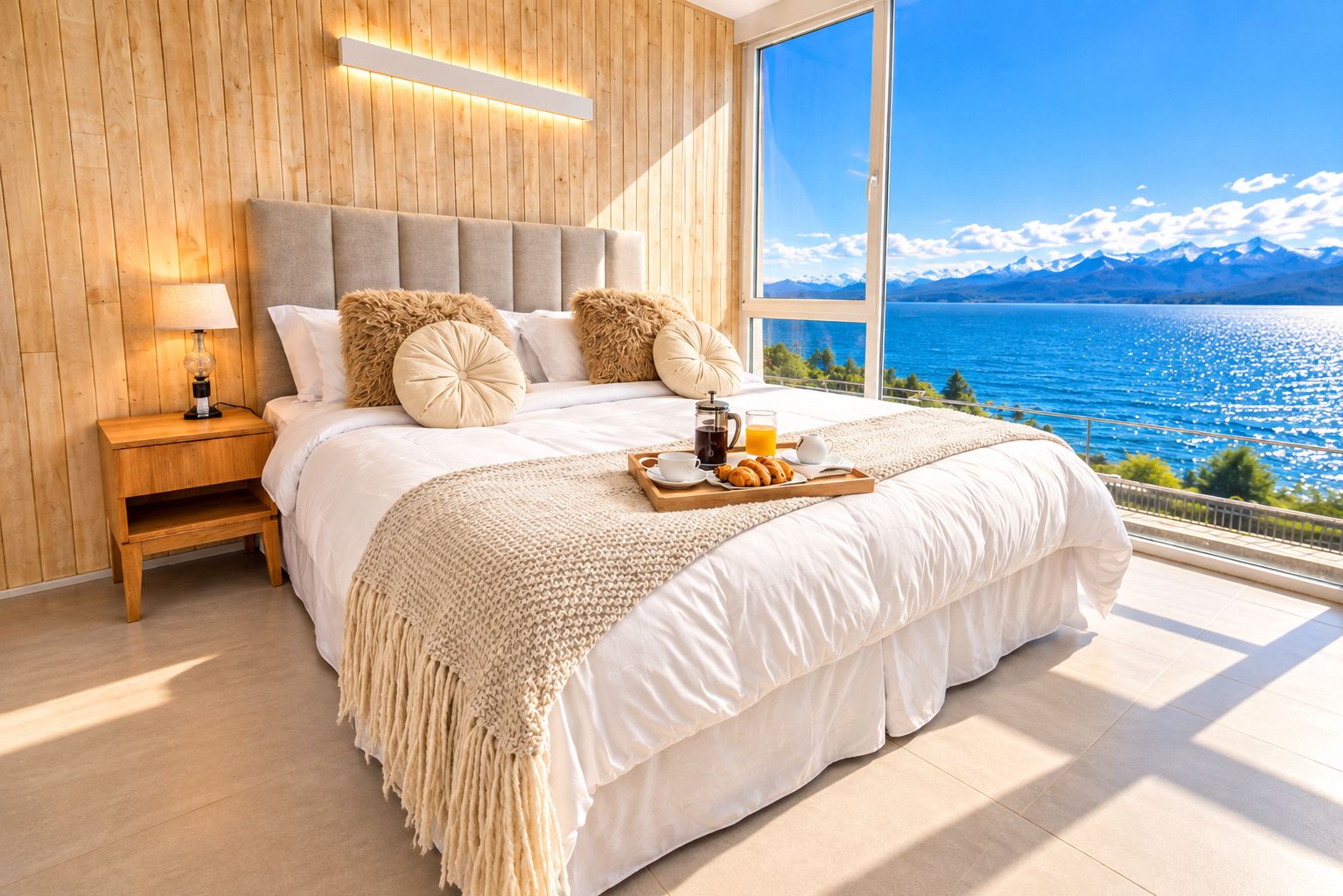 Une chambre avec un grand lit, une tête de lit en bois et une vue sur un lac et des montagnes.