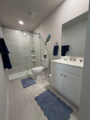 Secadora de cabello, toallas, jabón, papel de baño 