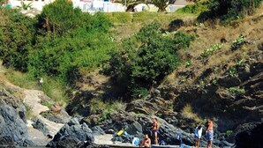 Un hôtel situé sur la côte, composé de plusieurs bâtiments, avec un rivage rocheux et un ciel bleu dégagé.