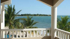 A balcony with a view of the ocean and palm trees. - Beachfront Combo Villa with Pool & Spacious Layout (North Placencia)