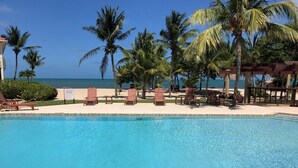 Ein Pool mit Liegestühlen und Palmen, im Hintergrund ein Strand und ein klarer Himmel.