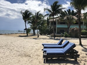 Ein Strand mit Liegestühlen, Palmen und einem Gebäude mit einem Balkon mit Blick auf den Ozean.