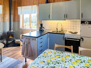 A compact kitchen with a wood-burning stove, a sink, and a dining area with a table. - 4 Person Holiday Home in Morlunda (Mörlunda)