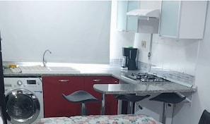 A compact kitchen with a washing machine, a gas stove, and a sink. - Luxury & Fully Equipped | Safe & Terrace | All Amenities within Walking Distance (Tunis)