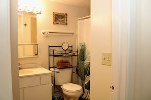 Secadora de cabello, toallas, jabón, papel de baño