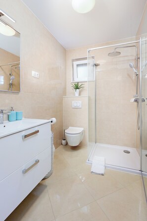 Dusche, Haartrockner, Handtücher, Seife