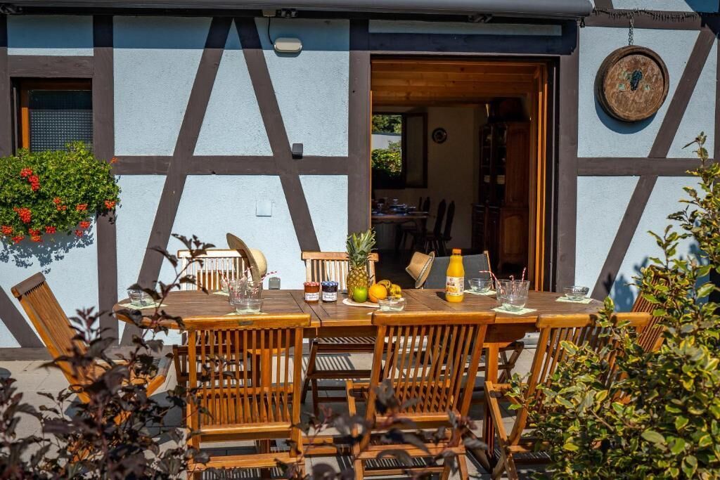 Un comedor con una mesa y sillas de madera, una planta colgante y una puerta que da a un espacio interior.