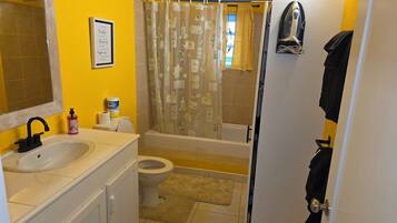 Hair dryer, towels, soap, toilet paper