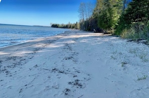 A sandy beach with a clear blue sky and trees in the background.