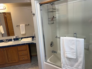 Shower, hair dryer, towels, soap